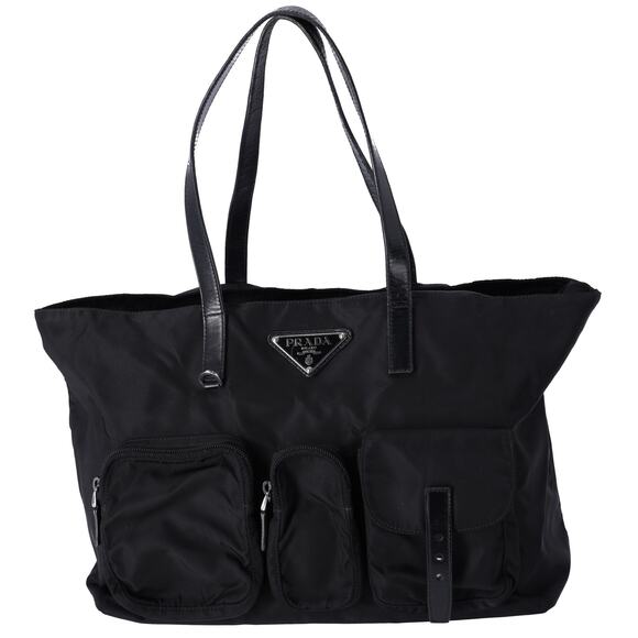 PRADA Triangle Logo Nylon Tote Black Leather - Picture 1 of 10